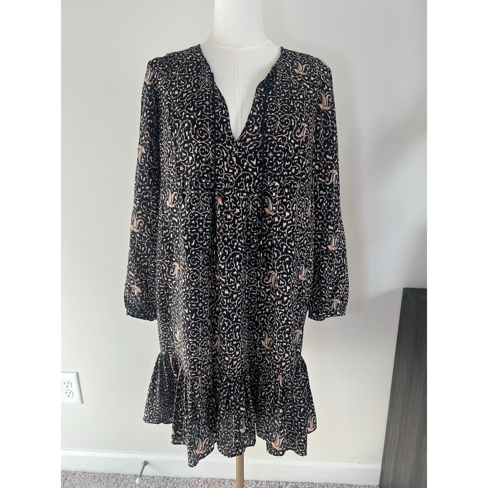Madewell Women's Silk Paisley Black Mini Dress Ruffle Hem Size 6
